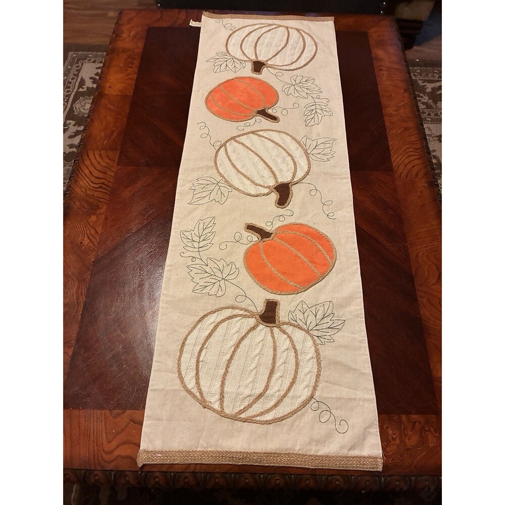 Fall, Thanksgiving Table Runner W/ Pumpkins In Orange Corduroy & White Sweater.